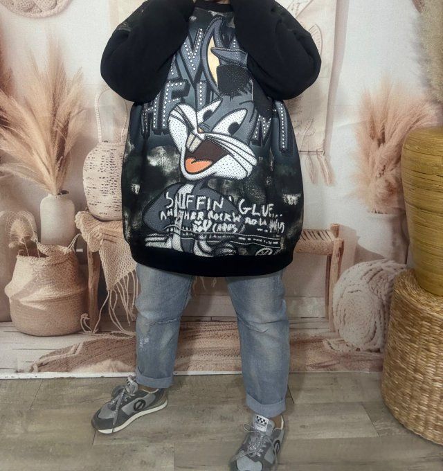 Sweat ample noir molletonné Bugs Bunny Looney Tunes du 40 au 50