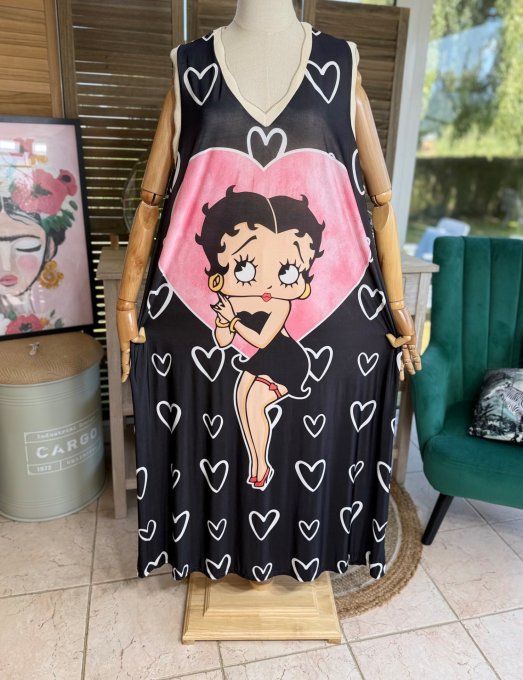 Robe longue noire petits coeurs Betty Boop lurex doré du 38 au 46/48  
