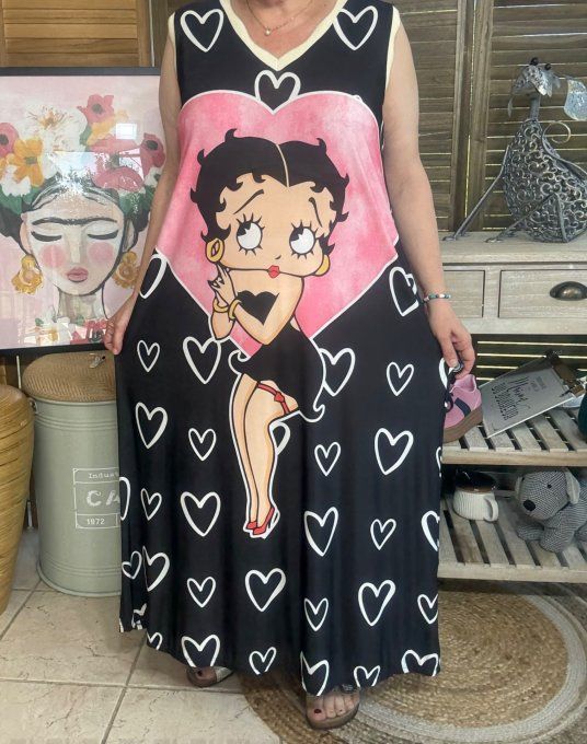 Robe longue noire petits coeurs Betty Boop lurex doré du 38 au 46/48  