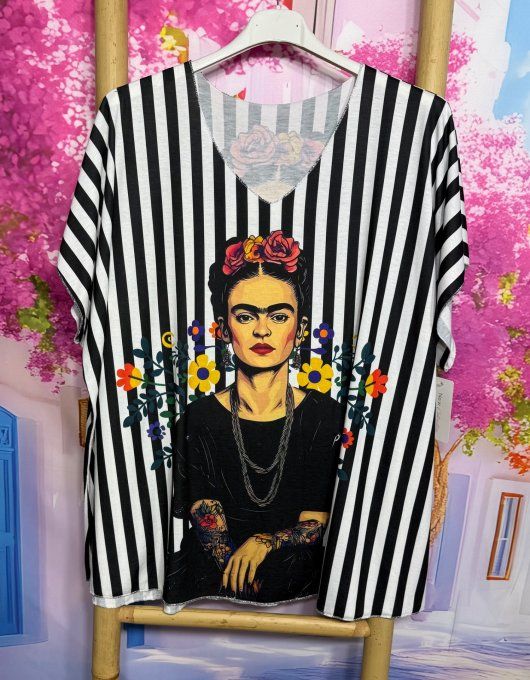 Top fin ample blanc rayé noir Viva Tattoo Frida Kahlo du 42 au 54/56