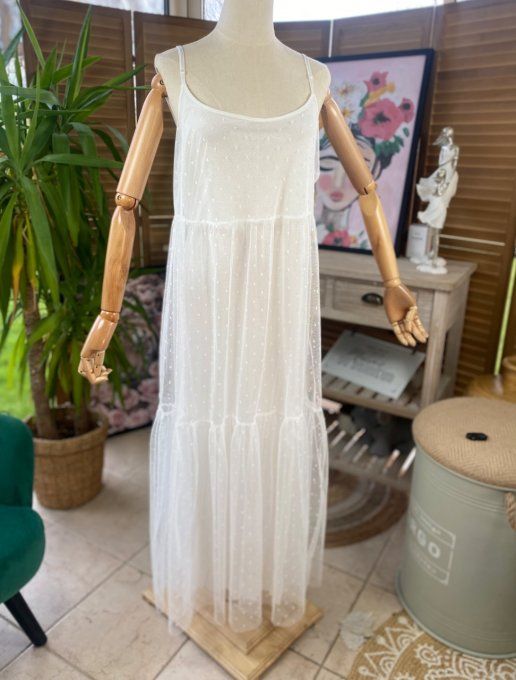 Fond de robe long tulle blanc et plumetis  bretelles réglables du 38 au 46/48