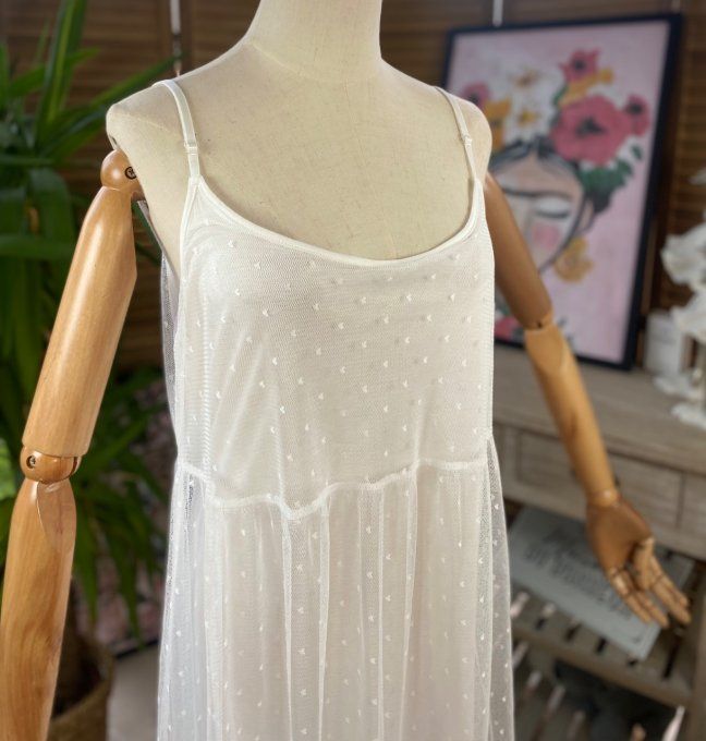 Fond de robe long tulle blanc et plumetis  bretelles réglables du 38 au 46/48