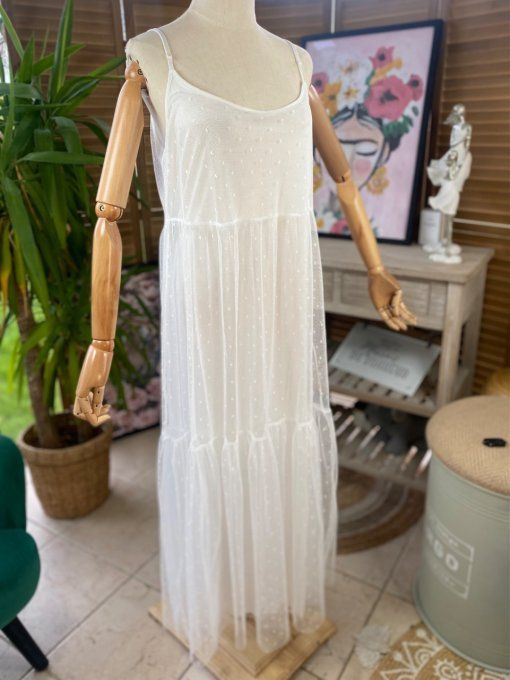 Fond de robe long tulle blanc et plumetis  bretelles réglables du 38 au 46/48