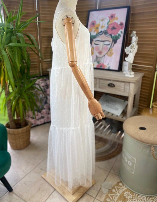 Fond de robe long tulle blanc et plumetis  bretelles réglables du 38 au 46/48