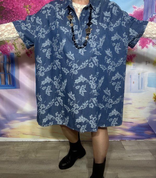Robe oversize col chemise Jeans stone foncé motifs floraux Fly Out du 42 au 54