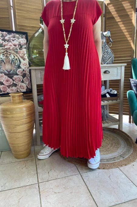 Robe ample longue plissée manches courtes rouge foncé du 38 au 48/50