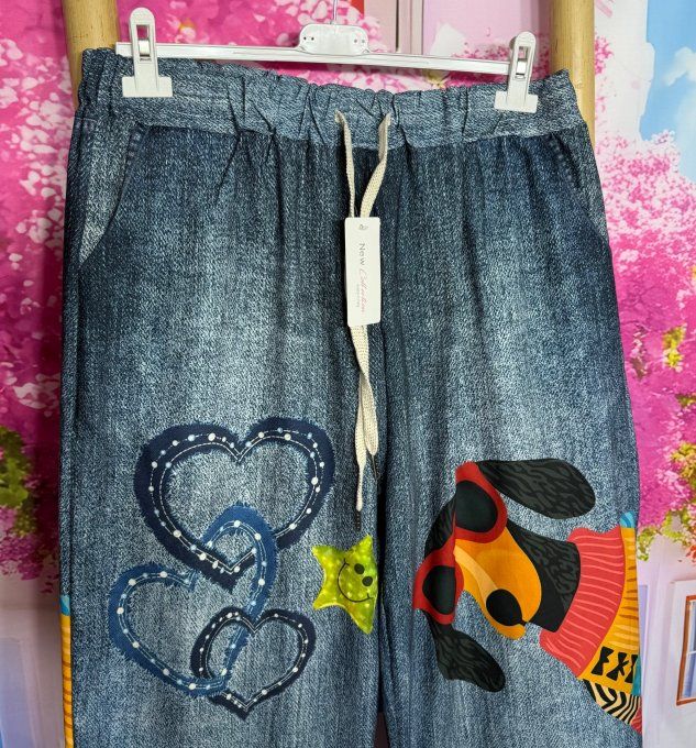 Panta-jogg effet jeans stone délavé Adorables Teckels multicolores  ++++ du 40 au 52/54