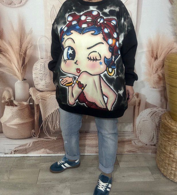 Sweat ample noir molletonné Betty Boop Pin Up rétro US du 40 au 50  