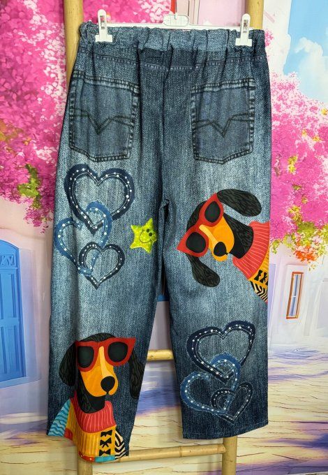 Panta-jogg effet jeans stone délavé Adorables Teckels multicolores  ++++ du 40 au 52/54