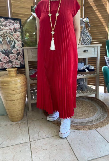 Robe ample longue plissée manches courtes rouge foncé du 38 au 48/50