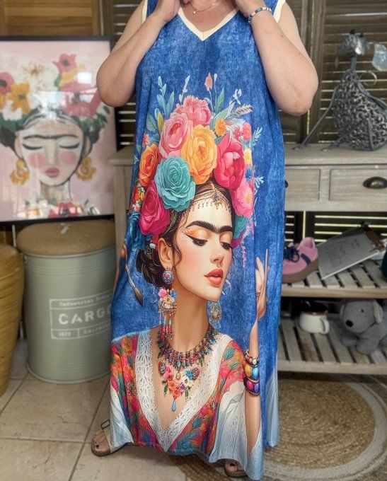 Robe longue effet jeans Frida Kahlo aux Fleurs lurex doré du 38 au 46/48 
