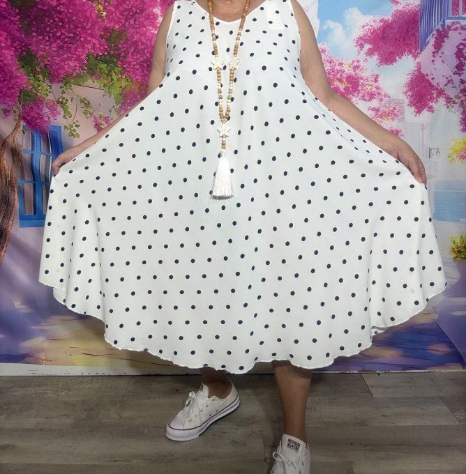 Robe trapèze mi-longue asymétrique blanche à pois noirs douceur +++ du 38 au 48/50
