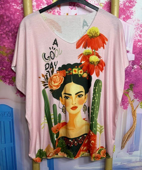 Top fin ample rose poudré Frida Kahlo Princess Spirit & Flowers du 42 au 54/56 