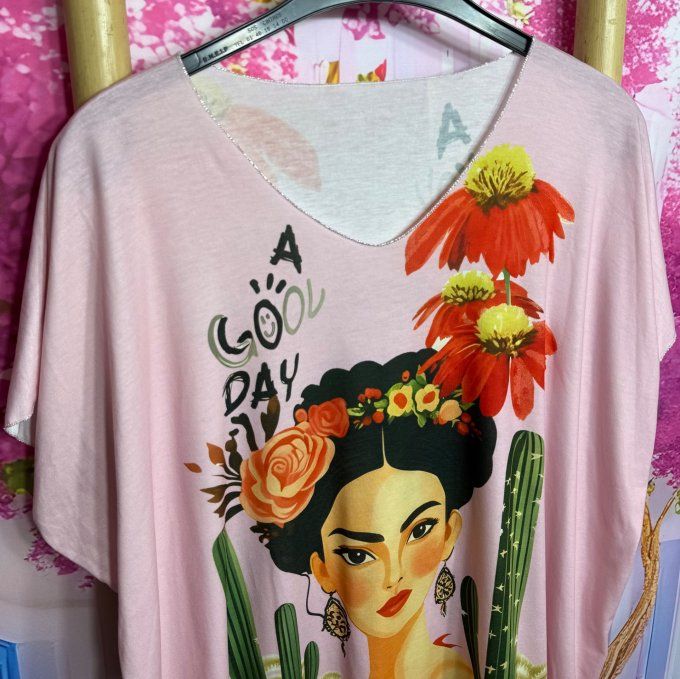 Top fin ample rose poudré Frida Kahlo Princess Spirit & Flowers du 42 au 54/56 