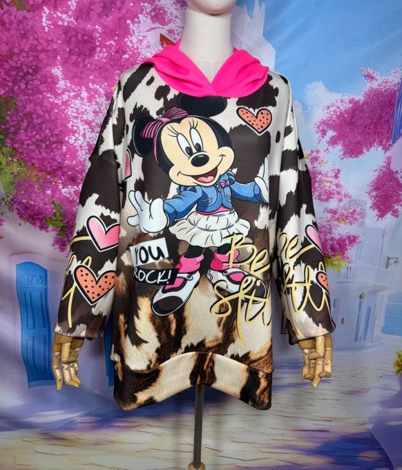 Sweat à capuche rose Fluo marbré Chocolat beige Minnie Mouse Rock douceur +++ du 44 au 54