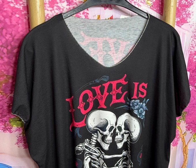 Top fin ample noir Love is Love Duo Skeletons Amoureux du 42 au 54/56