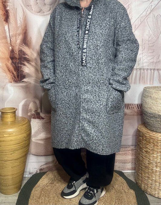 Manteau à capuche mi-long ample bouclette Gris perle chiné du 42 au 52/54 et même +