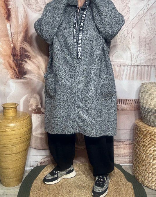 Manteau à capuche mi-long ample bouclette Gris perle chiné du 42 au 52/54 et même +