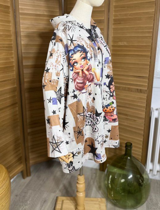Manteau à capuche suédine crème Betty Boop Cupcakes du 40 au 52 et même +