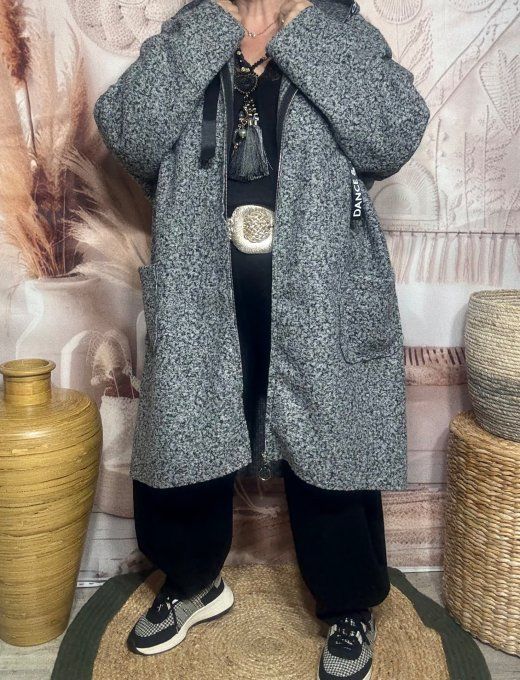 Manteau à capuche mi-long ample bouclette Gris perle chiné du 42 au 52/54 et même +