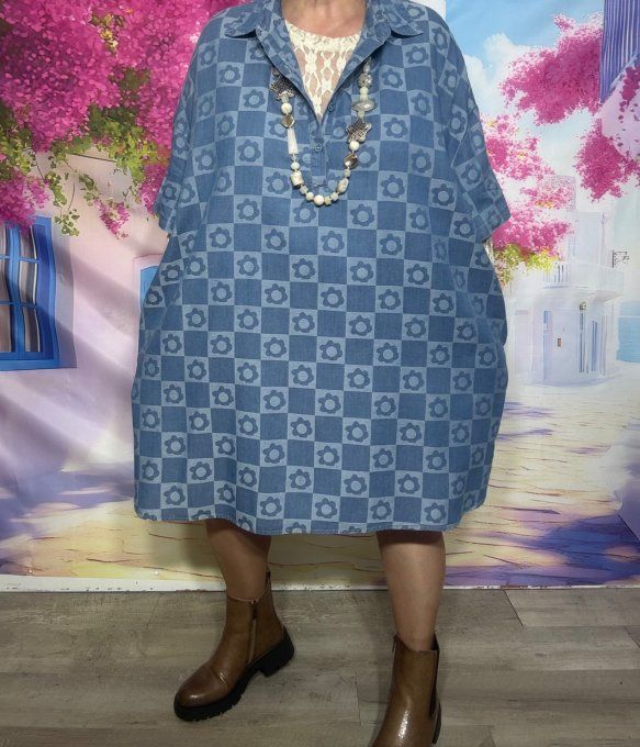 Robe oversize col chemise Jeans stone quadrillé petites marguerites Fly Out du 42 au 54 