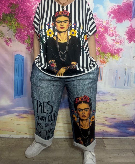 Panta-jogg effet jeans stone délavé Viva Tattoo Frida Kahlo  ++++ du 40 au 52/54