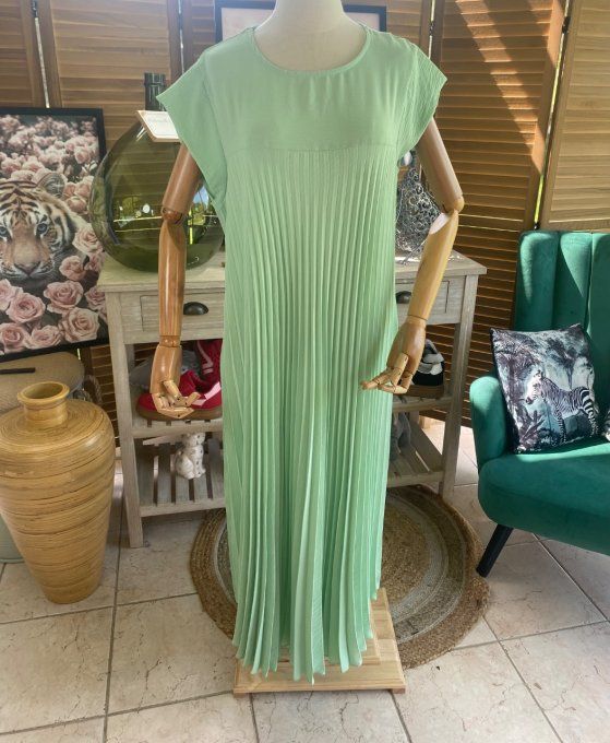 Robe ample longue plissée manches courtes vert d'eau du 38 au 48/50