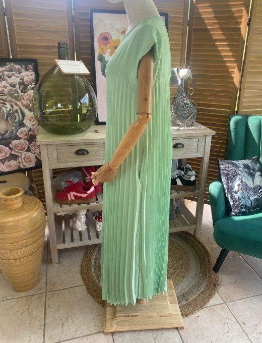 Robe ample longue plissée manches courtes vert d'eau du 38 au 48/50
