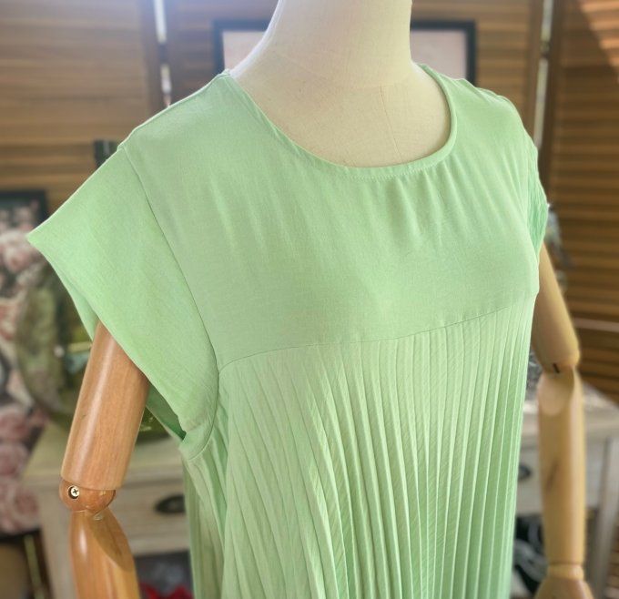 Robe ample longue plissée manches courtes vert d'eau du 38 au 48/50