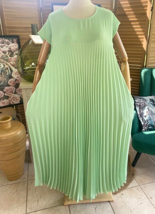 Robe ample longue plissée manches courtes vert d'eau du 38 au 48/50