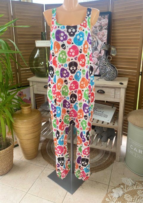 Combinaison salopette blanche Mexican Skulls Calaveras multicolores du 38 au 52