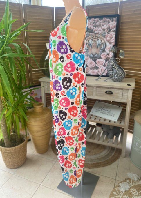 Combinaison salopette blanche Mexican Skulls Calaveras multicolores du 38 au 52