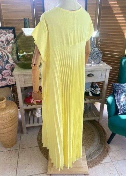 Robe ample longue plissée manches courtes jaune pastel du 38 au 48/50 