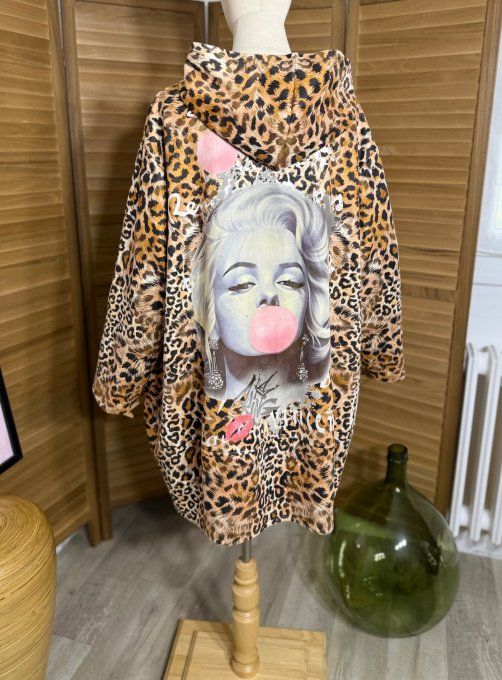 Manteau à capuche suédine beige Léopard Marilyn Monroe Bubble du 40 au 52 et même + 