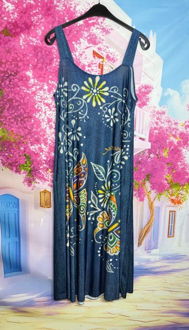 Robe à bretelles trapèze longue effet jeans brut Les Papillons multicolores du 40 au 50/52