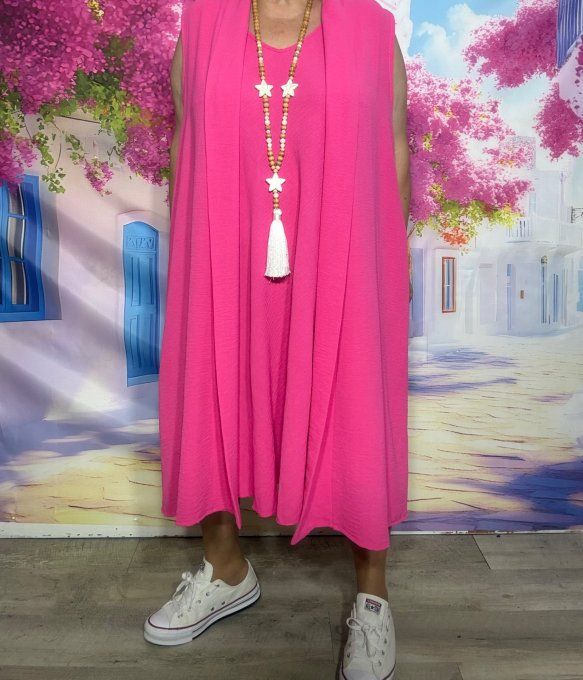 Veste trapèze longue fluide sans manches Fuschia douceur +++ du 42 au 52 et même + 