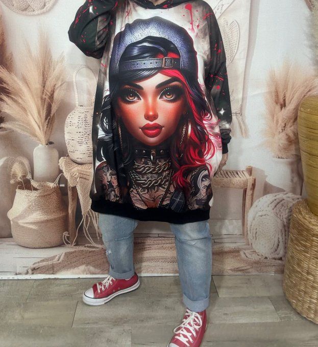 Sweat à capuche long ou robe sweat Pretty Red Hair Girl Rock du 40 au 52  