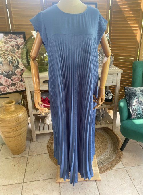 Robe ample longue plissée manches courtes bleu jeans du 38 au 48/50