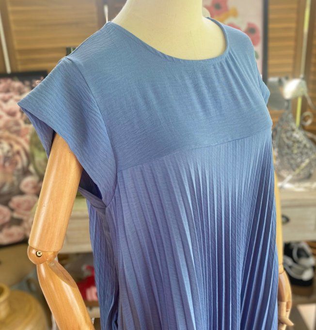 Robe ample longue plissée manches courtes bleu jeans du 38 au 48/50
