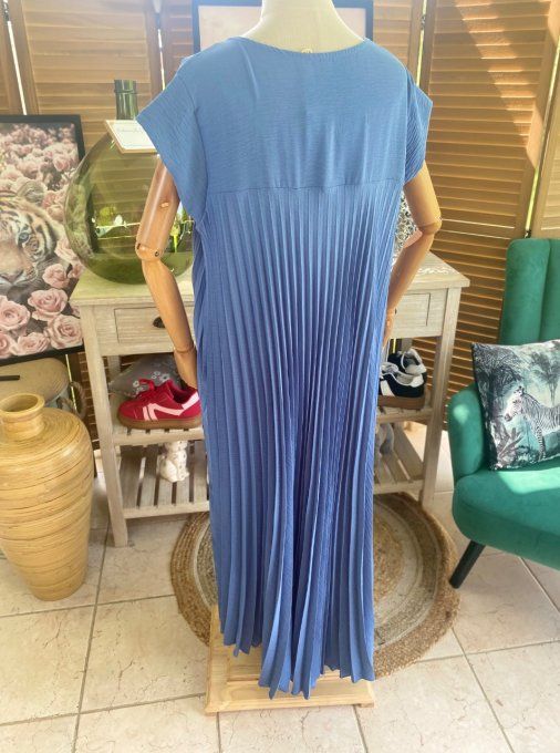 Robe ample longue plissée manches courtes bleu jeans du 38 au 48/50