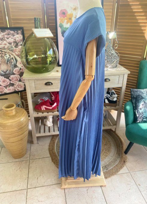 Robe ample longue plissée manches courtes bleu jeans du 38 au 48/50