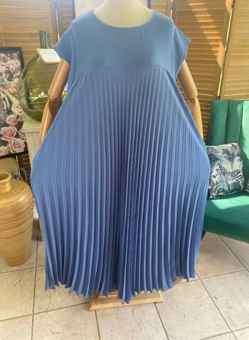 Robe ample longue plissée manches courtes bleu jeans du 38 au 48/50
