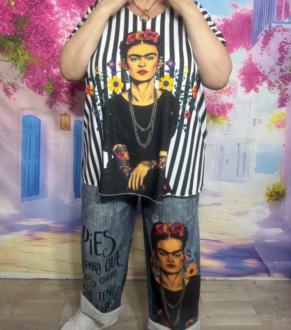 Top fin ample blanc rayé noir Viva Tattoo Frida Kahlo du 42 au 54/56