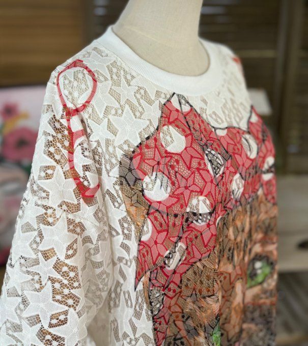 Top ample dentelle blanche L'adorable chat au ruban rouge à pois blancs du 36 au 46
