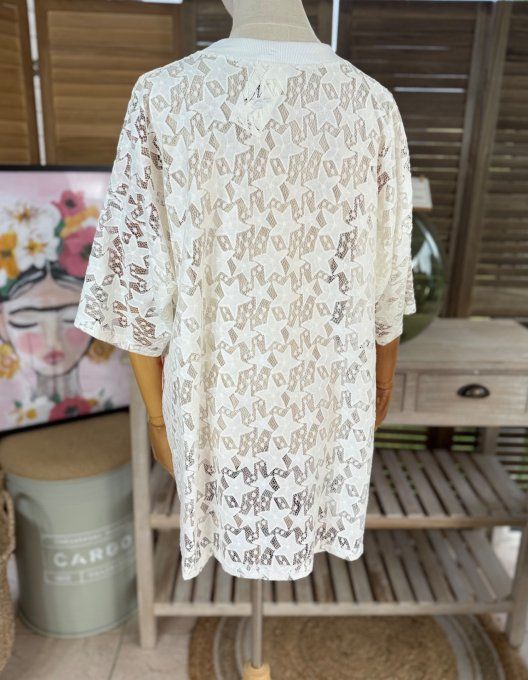 Top ample dentelle blanche L'adorable chat au ruban rouge à pois blancs du 36 au 46
