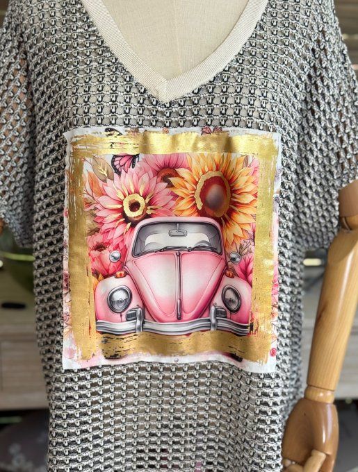 Top maille filet grisé noir Ma Coccinelle WW rose fluo Hippie Chic du 40 au 52 