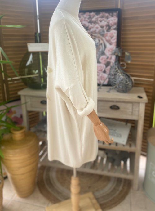Gilet long sans laine ample crème étoile pailletée dorée douceur ++++ du 38 au 50/52 