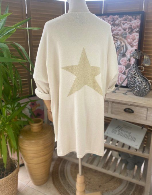 Gilet long sans laine ample crème étoile pailletée dorée douceur ++++ du 38 au 50/52 