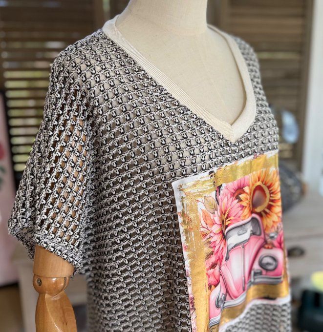 Top maille filet grisé noir Ma Coccinelle WW rose fluo Hippie Chic du 40 au 52 