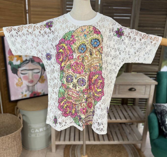 Top ample dentelle blanche Mexican Skulls Calaveras du 36 au 46  